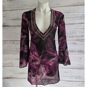 Moda International Sheer Purple and Black Tropical Print Swim Coverup sz XS